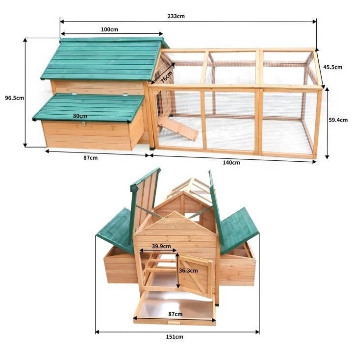 Poulailler en bois sapin 6 a 8 poules L233 x 151 x 96.5 cm