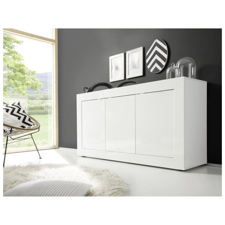 Buffet BASICO - Décor blanc laqué brillant - 3 Portes - L160 x P42 x