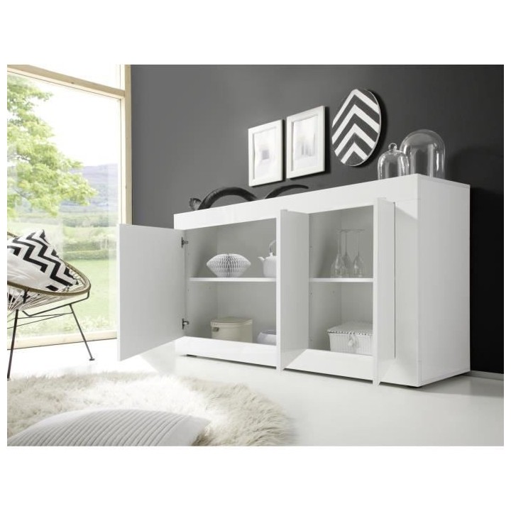 Buffet BASICO - Décor blanc laqué brillant - 3 Portes - L160 x P42 x