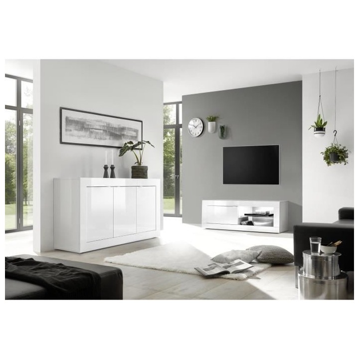 Buffet BASICO - Décor blanc laqué brillant - 3 Portes - L160 x P42 x