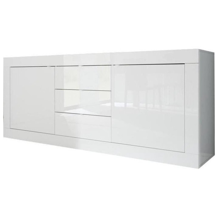 Buffet BASICO 2 Portes 3 Tiroirs Blanc Laqué brillant - L210xP42xH85,