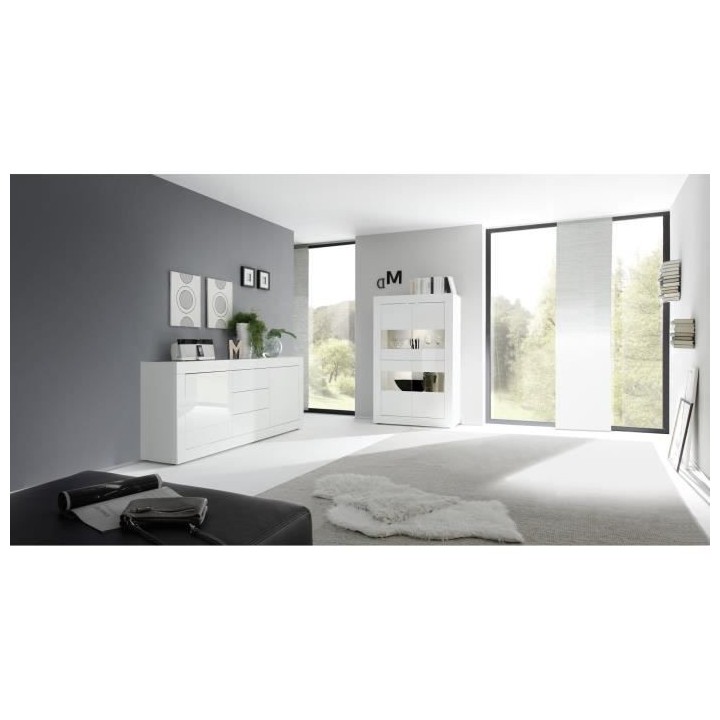 Buffet BASICO 2 Portes 3 Tiroirs Blanc Laqué brillant - L210xP42xH85,