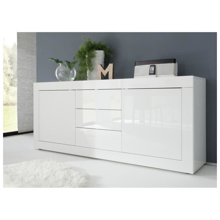 Buffet BASICO 2 Portes 3 Tiroirs Blanc Laqué brillant - L210xP42xH85,