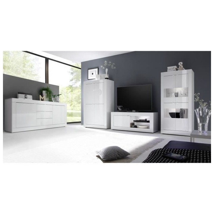 Buffet BASICO 2 Portes 3 Tiroirs Blanc Laqué brillant - L210xP42xH85,