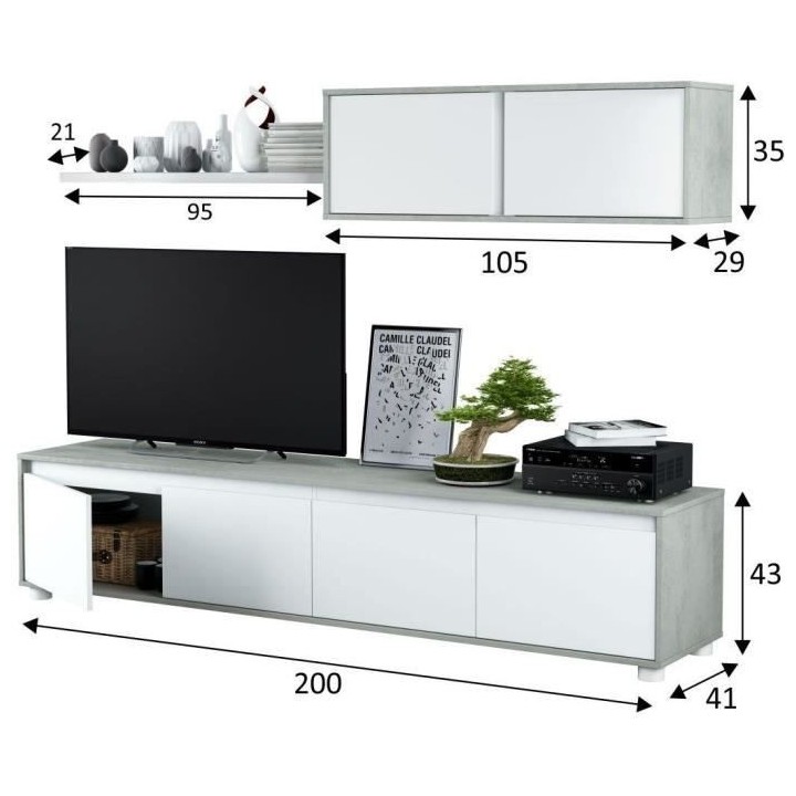 Ensemble meuble TV ALIDA - Meuble bas 4 portes + Meuble haut 2 portes