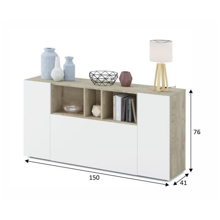 Buffet LOIRA - Mélaminé - L 150 x l 41 x H 76 cm -Blanc artik et che