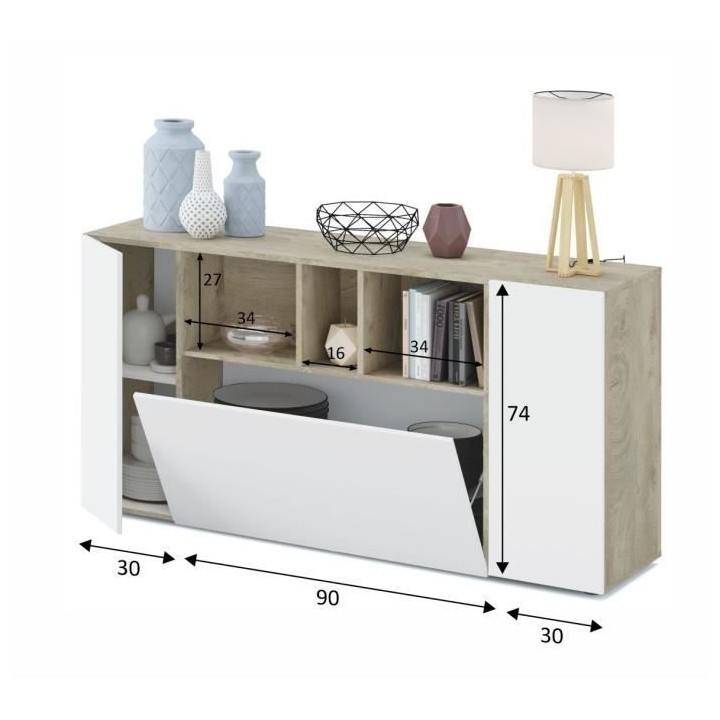Buffet LOIRA - Mélaminé - L 150 x l 41 x H 76 cm -Blanc artik et che