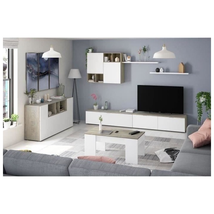 Buffet LOIRA - Mélaminé - L 150 x l 41 x H 76 cm -Blanc artik et che