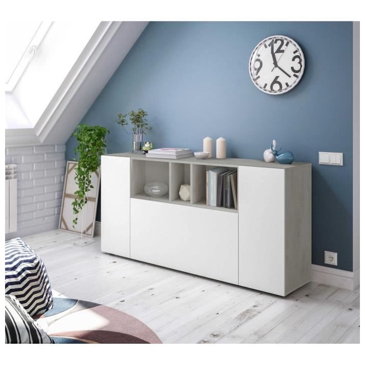 Buffet LOIRA - Mélaminé - Blanc artik et ciment - 3 portes + 3 niche