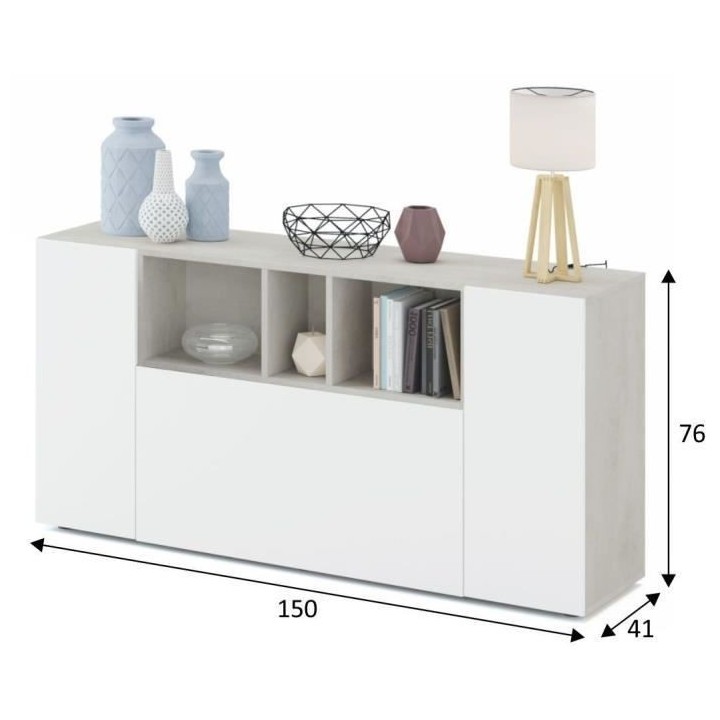 Buffet LOIRA - Mélaminé - Blanc artik et ciment - 3 portes + 3 niche