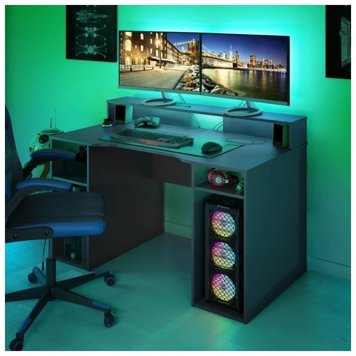 Table de bureau gamer OZONE - Décor Noir - 136 x 67 x 88 cm - Avec é