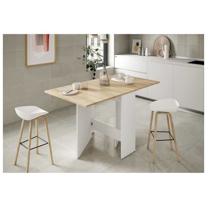 Table de cuisine rabattable FLY - Mélaminé blanc artik et chene - L