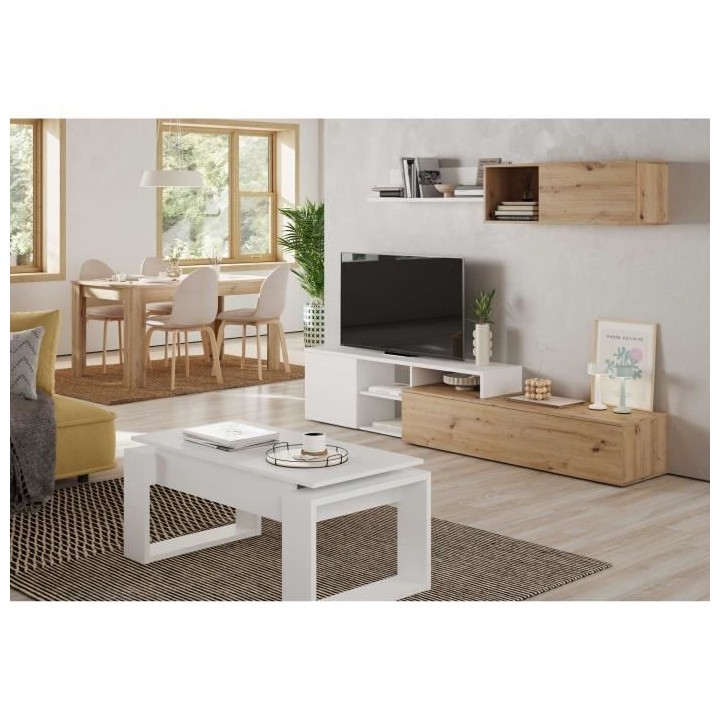 Ensemble meuble TV réversible JULIA - Mélaminé blanc et chene - 2 P
