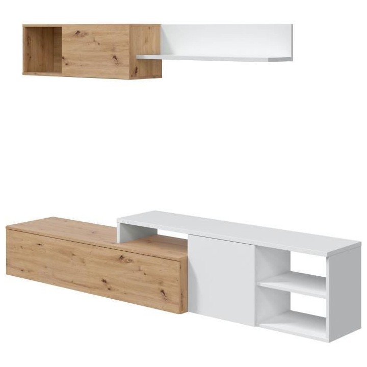 Ensemble meuble TV réversible JULIA - Mélaminé blanc et chene - 2 P
