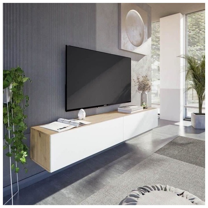 Meuble TV suspendu - KAWAY - Décor blanc et chene - 2 Portes abattant