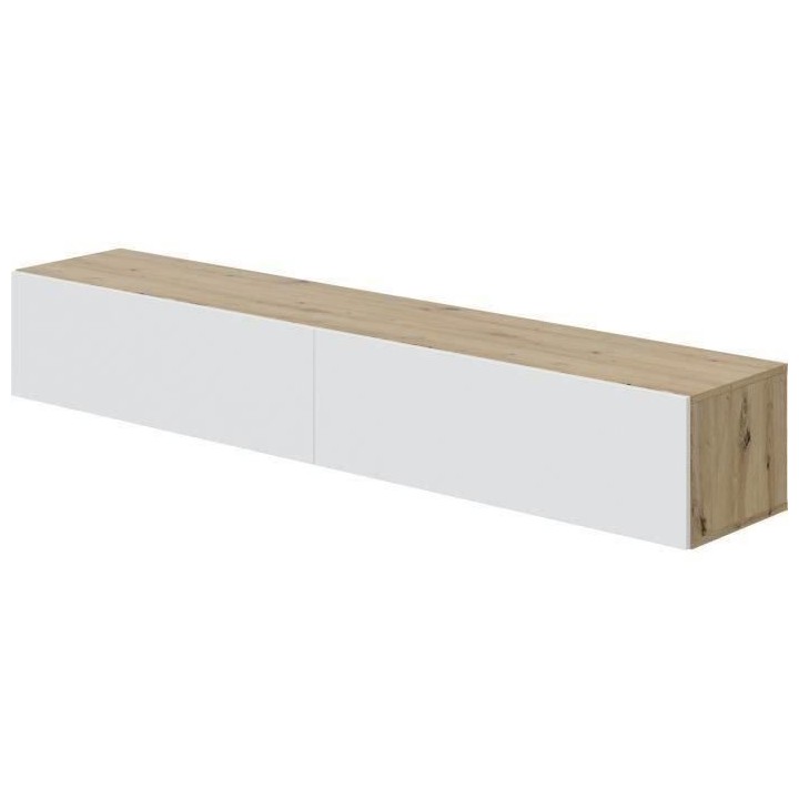 Meuble TV suspendu - KAWAY - Décor blanc et chene - 2 Portes abattant