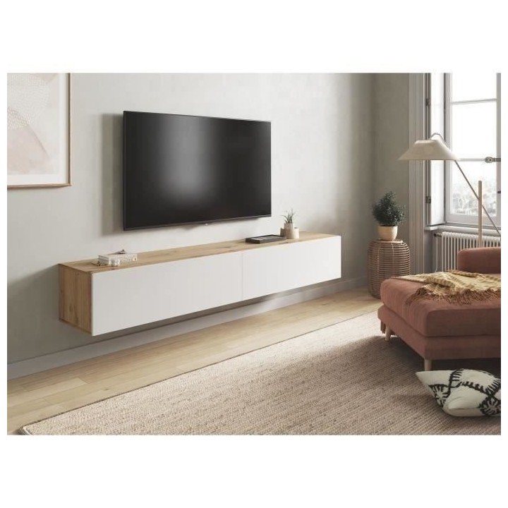 Meuble TV suspendu - KAWAY - Décor blanc et chene - 2 Portes abattant