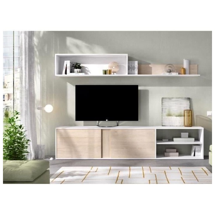Ensemble de salon - ATLANTA - Meuble TV avec étagere murale - Blanc e