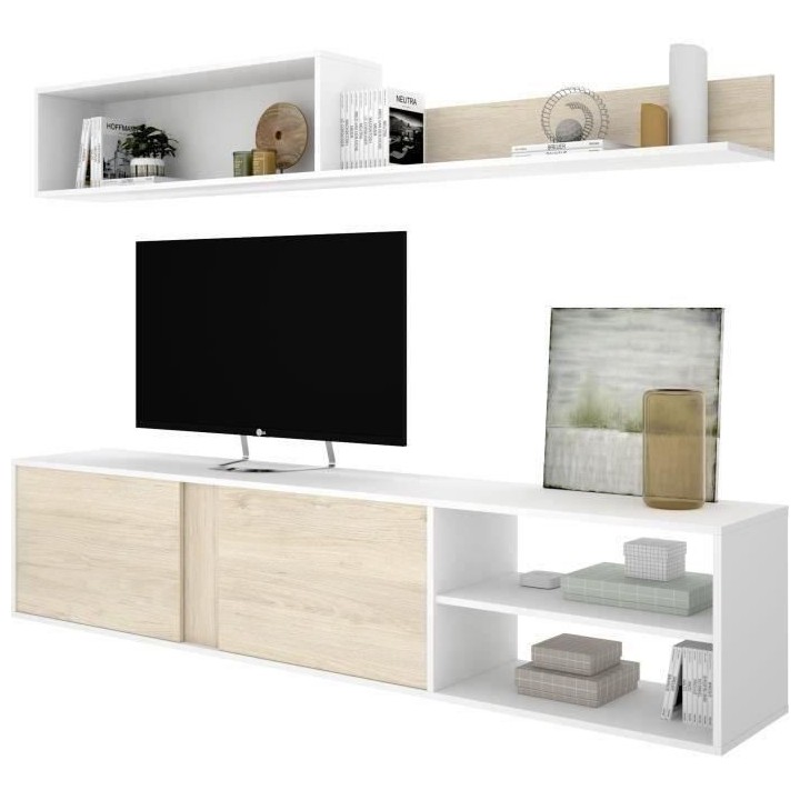 Ensemble de salon - ATLANTA - Meuble TV avec étagere murale - Blanc e