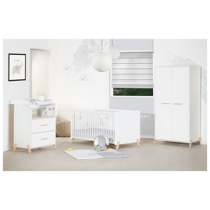 Lit évolutif - 140x70cm - Babyprice Joy Naturel - Blanc sur pieds en