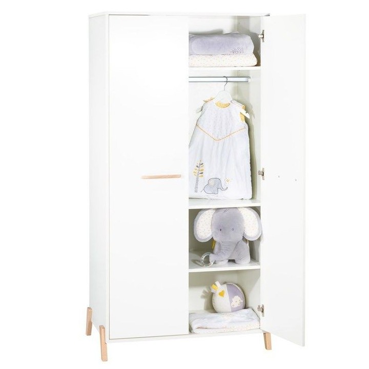 Armoire bébé Joy Naturel - Blanche - Sur pieds en bois naturel - 2 p