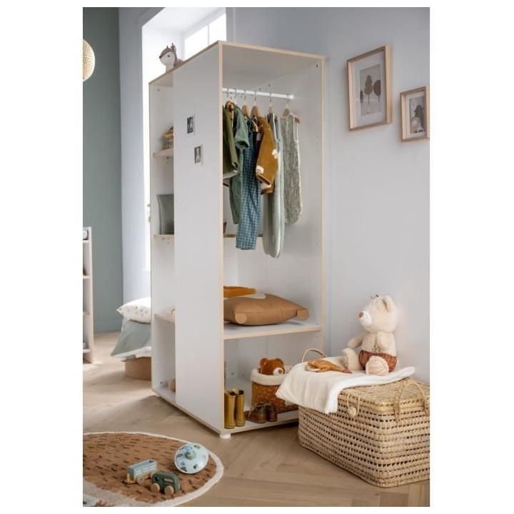 Meuble de rangement enfant - En bois blanc et chant bois - Avec étage