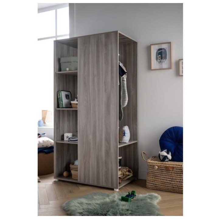 Meuble de rangement enfant - Chene silex - Avec étageres et penderie