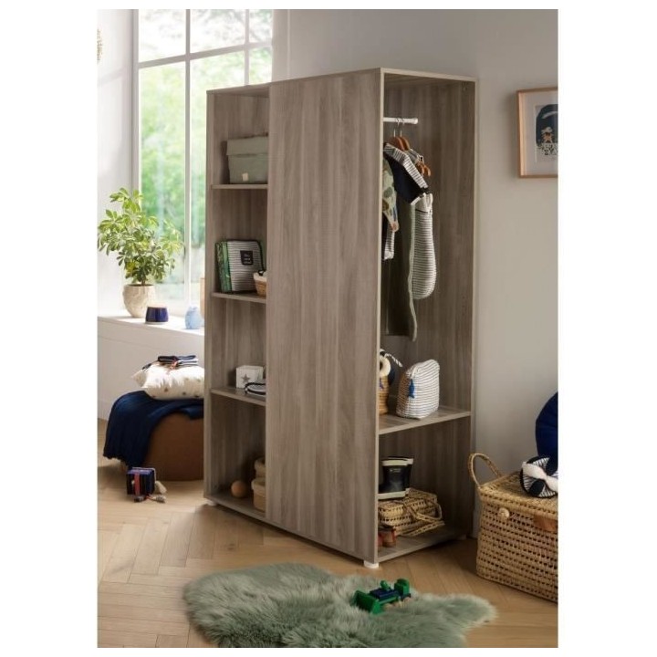 Meuble de rangement enfant - Chene silex - Avec étageres et penderie