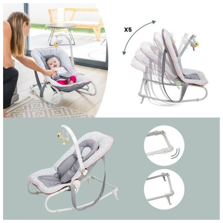BABYMOOV Transat bébé graphik, balancelle ou fixe, molletonné, plia
