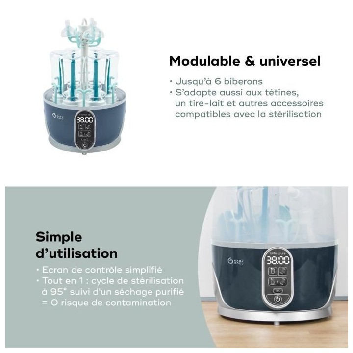 Babymoov Turbo Pure Stérilisateur Biberons Vapeur Electrique 2 en 1,