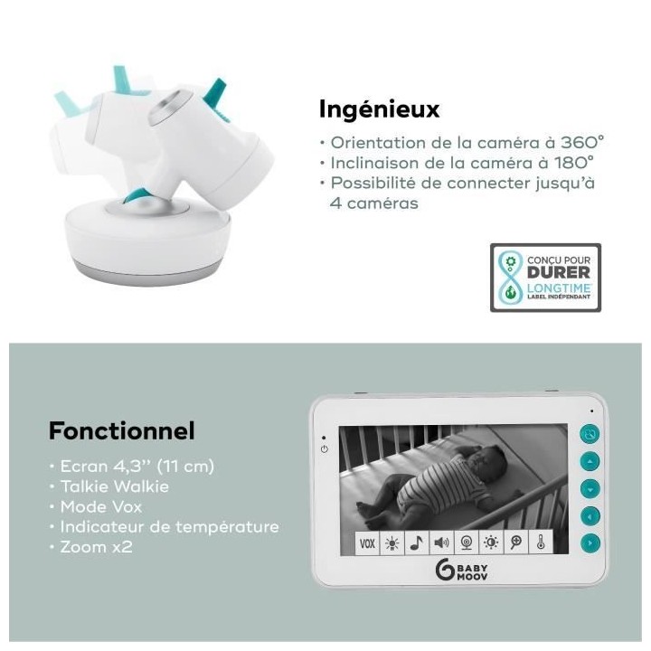 BabymoovYOO Moov Babyphone Vidéo Motorisé avec vue a 360°, Ecran 4,