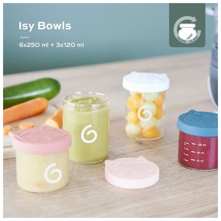 Babymoov ISY BOWLS 9 Pots de conservation en Verre Borosilicate Gradu