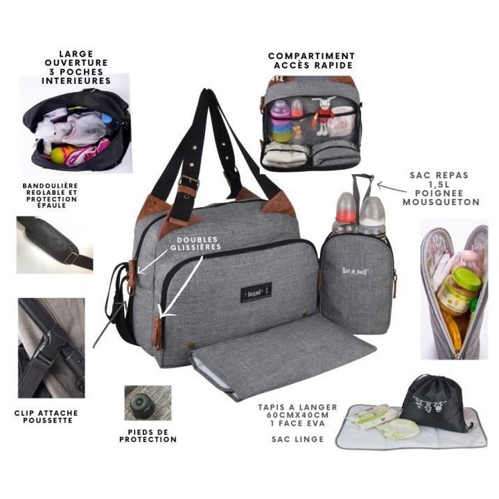 Baby on board- sac a langer - sac titou Gris chiné - 2 compattiments