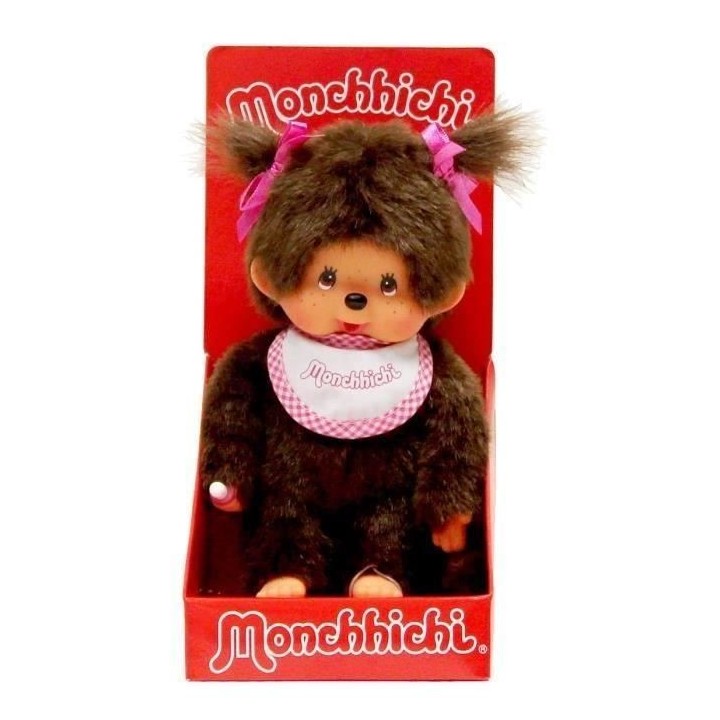 Monchhichi Peluche Fille Bavoir Rose et blanc 20 cm - 25555