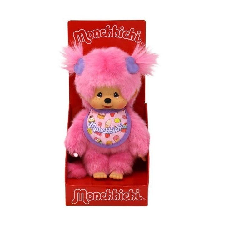 Peluche Monchhichi Frozen Fruit 20 cm - BANDAI - Fourrure rose - Bavoi