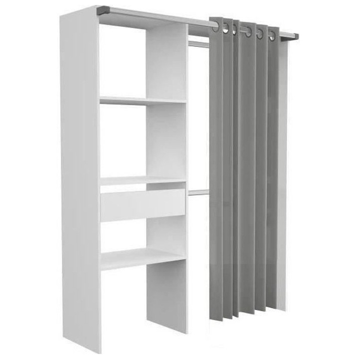 Dressing ARTIC avec rideau - Blanc - 1 colonne + 2 penderies + 1 tiroi