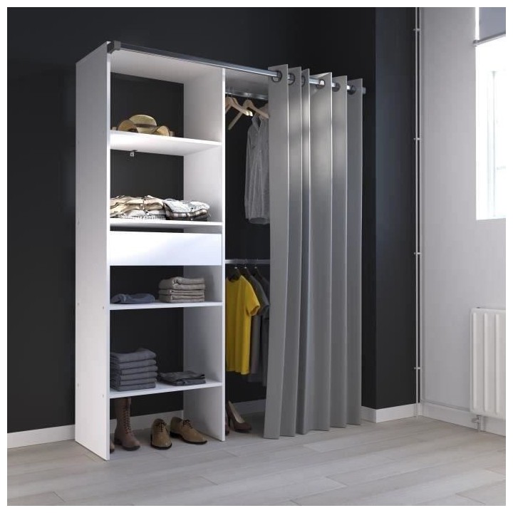 Dressing ARTIC avec rideau - Blanc - 1 colonne + 2 penderies + 1 tiroi