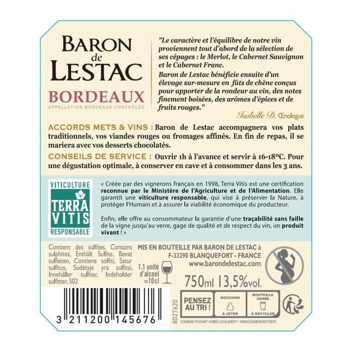 Baron de Lestac 2019 Bordeaux - Vin rouge de Bordeaux - Terra Vitis