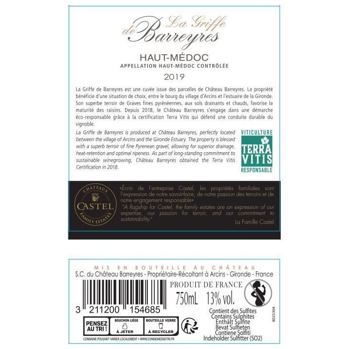 La Griffe de Barreyres 2019 Haut-Médoc - Vin rouge de Bordeaux