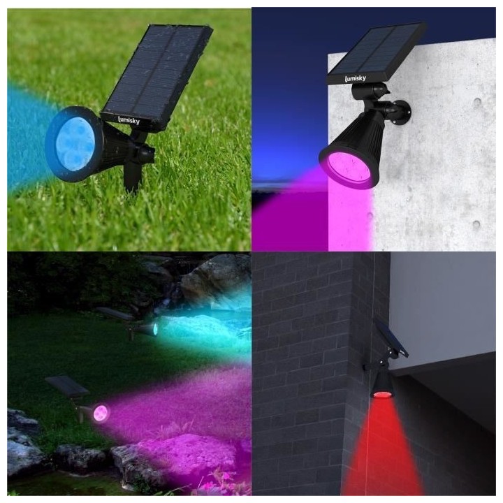 Pack de 2 Spots solaires extérieur étanches - LUMISKY - 4 LEDs color
