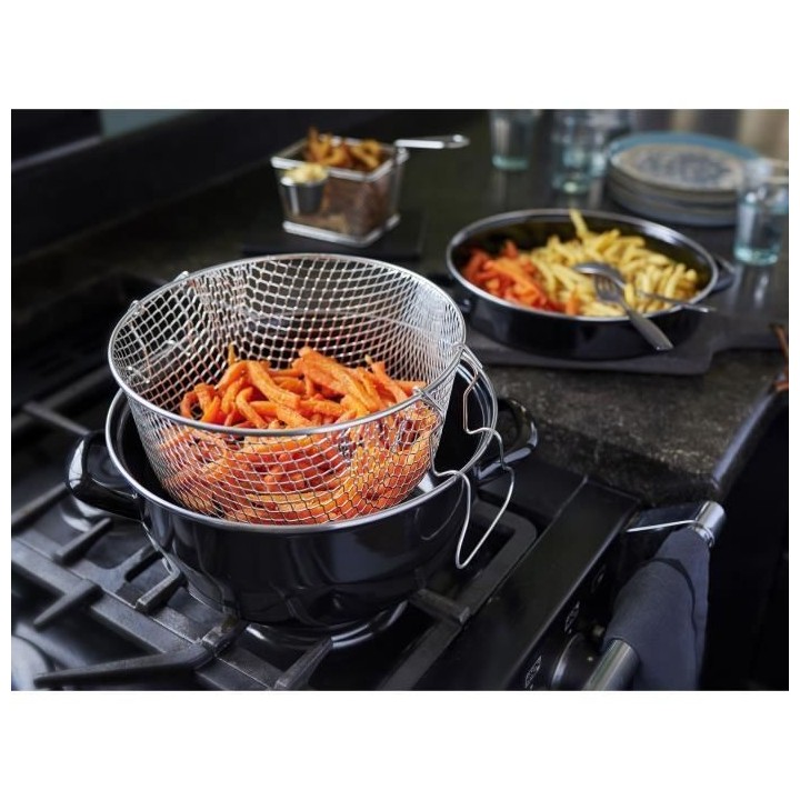 Friteuse émail 26 cm noire avec panier et couvercle verre
