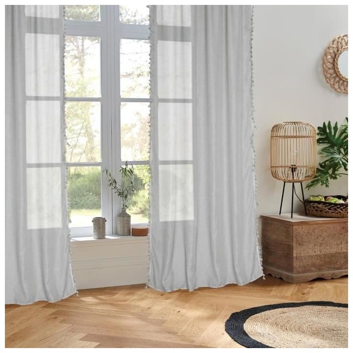 Voilage Pompons Gypsy Polyester et coton - 140x240 cm - Gris