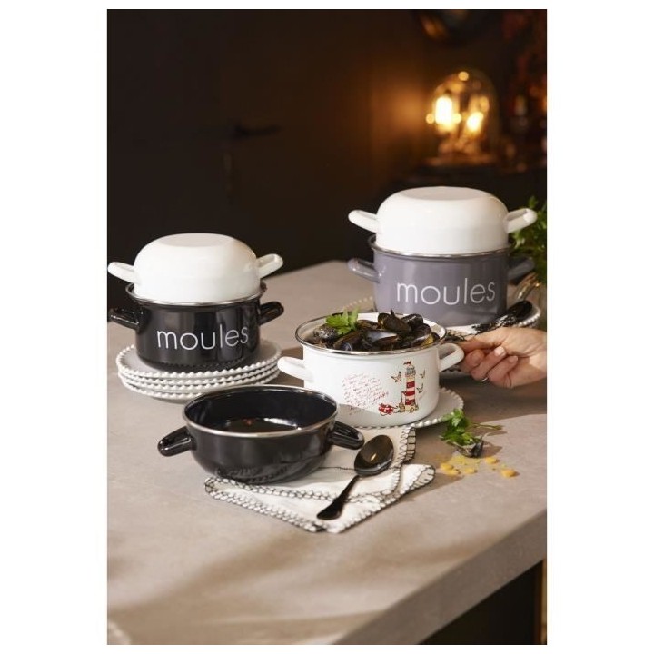 Marmite a moule BAUMALU 20 cm - Décor moules - Couvercle blanc - Noir