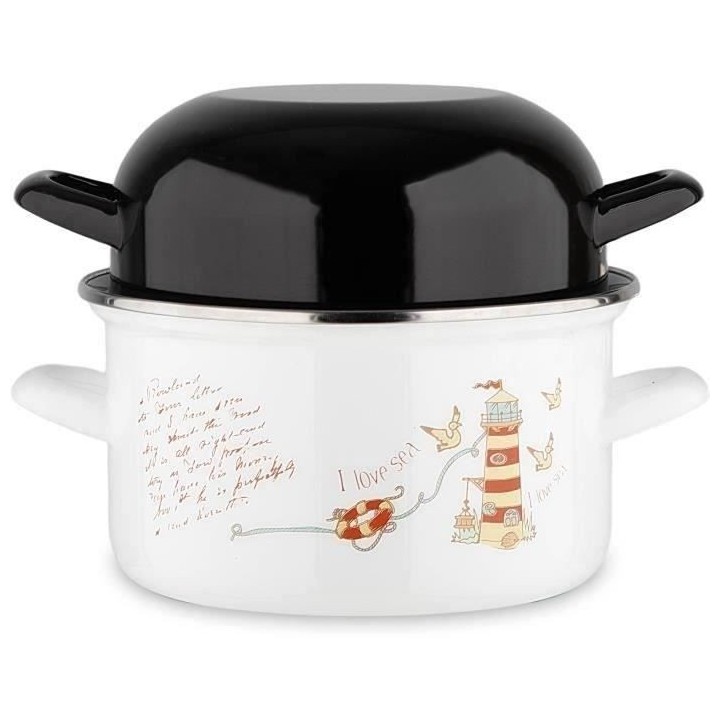 Marmite a moule BAUMALU 20 cm - Décor phares - Couvercle noir - Blanc