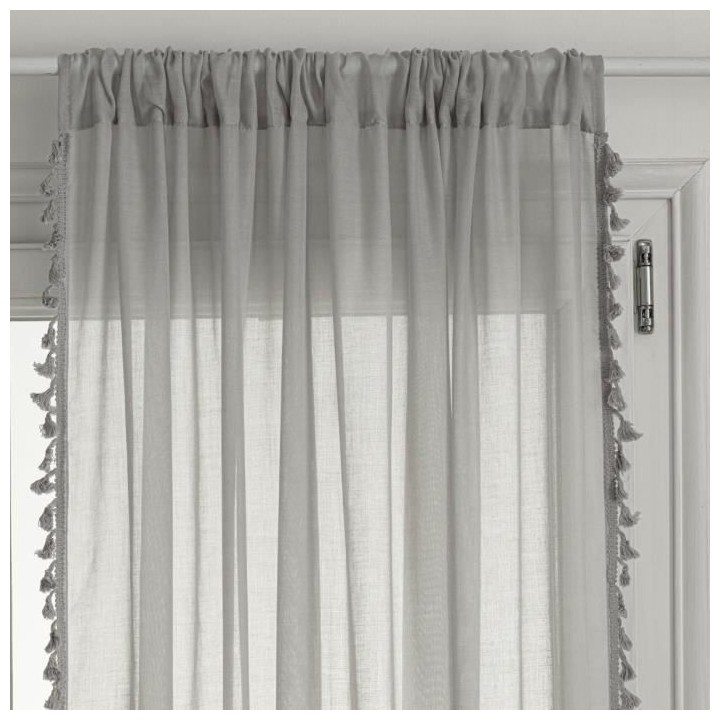 Voilage Pompons Gypsy Polyester et coton - 140x240 cm - Gris