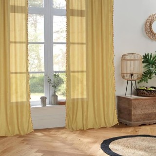 Voilage Pompons Gypsy Polyester et coton - 140x240 cm - Jaune ocre