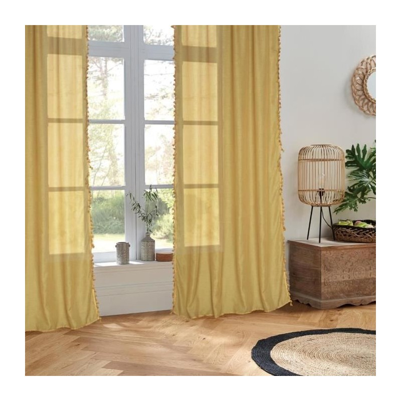 Voilage Pompons Gypsy Polyester et coton - 140x240 cm - Jaune ocre