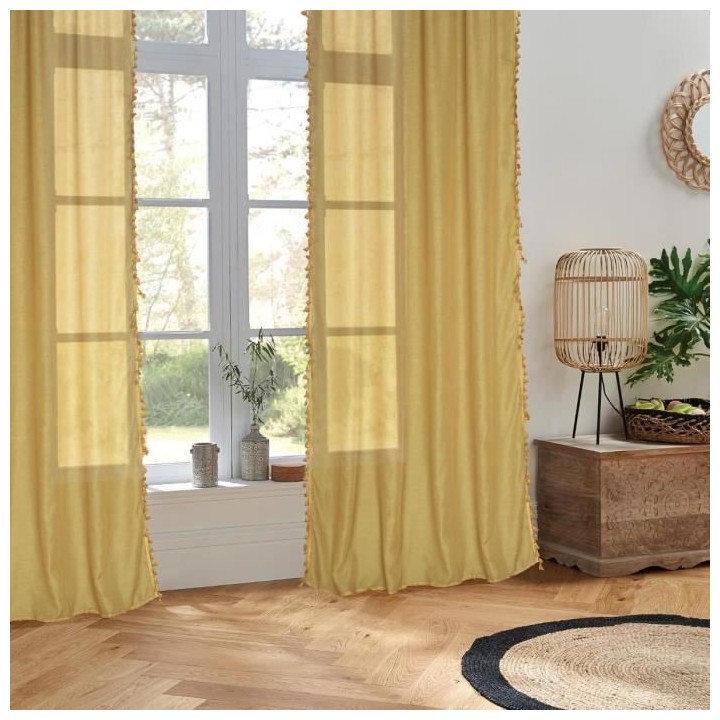 Voilage Pompons Gypsy Polyester et coton - 140x240 cm - Jaune ocre