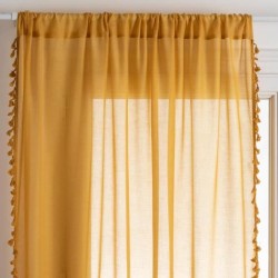 Voilage Pompons Gypsy Polyester et coton - 140x240 cm - Jaune ocre