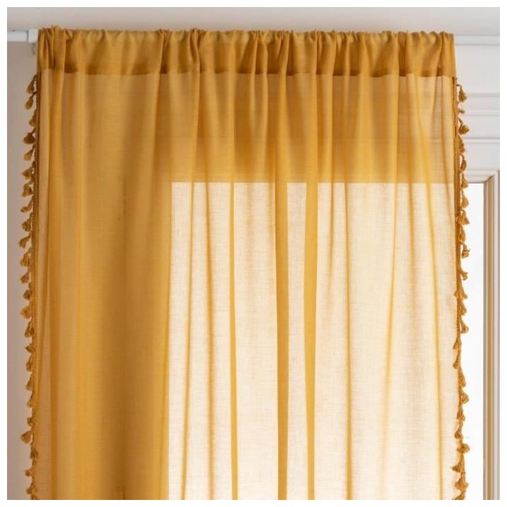 Voilage Pompons Gypsy Polyester et coton - 140x240 cm - Jaune ocre